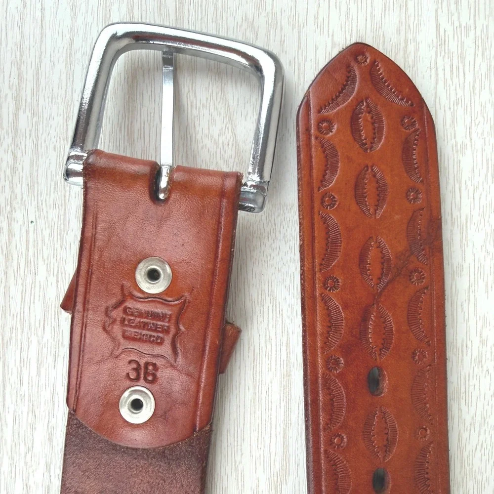 Mens Hand Tooled Leather Belt|38|Warm Brown Leather Braided Western Cowboy Rodeo